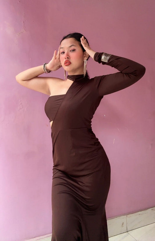 Olivia one shoulder dress in mocha